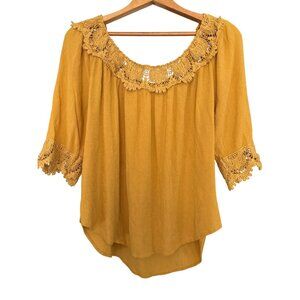 Womens' Westport 1962 Boho Peasant Pullover Short Slv Top Mustard Yellow Lace 1X
